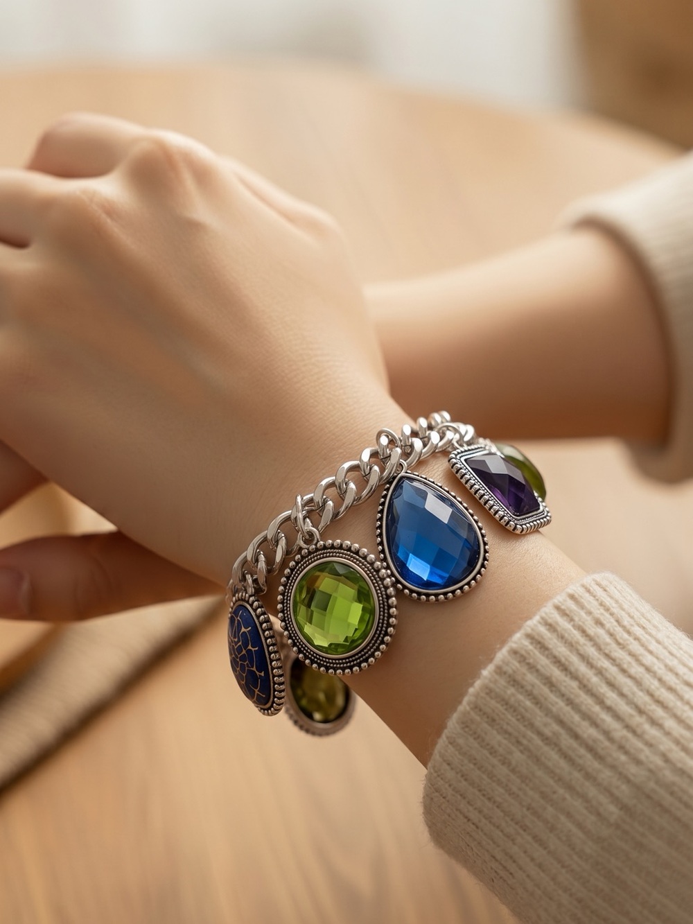 Silver Tone Chunky Colorful Charm Bracelet - Picture 3 of 12
